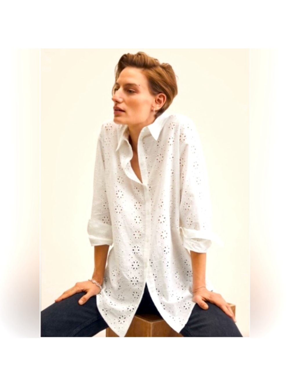 NWT MANGO (MNG) CAMISA Oversized White Eyelet Button Down Shirt Size 4 #0029